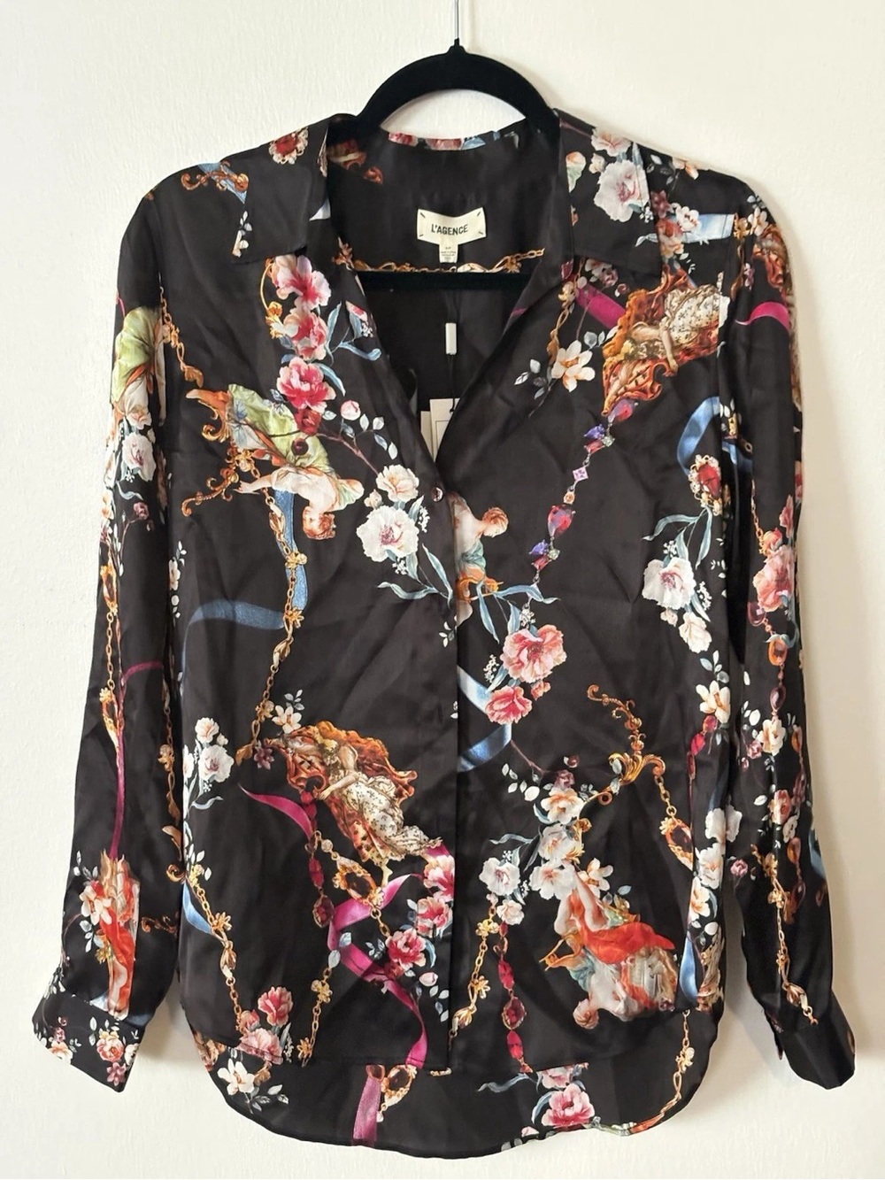 L'Agence Floral Black Satin Button-Up Blouse